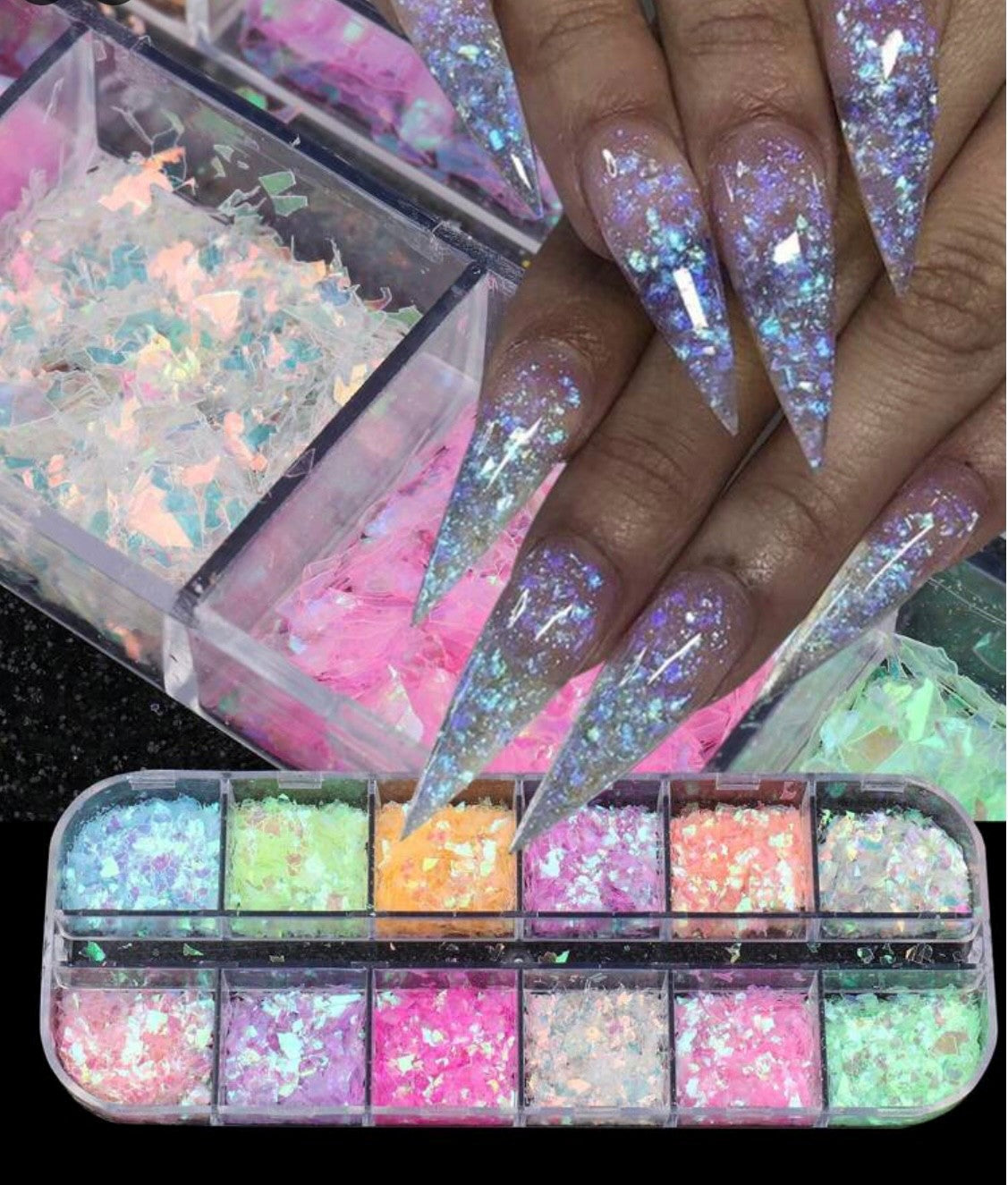 Boite holographique flocons poudre de paillettes couleurs pastels